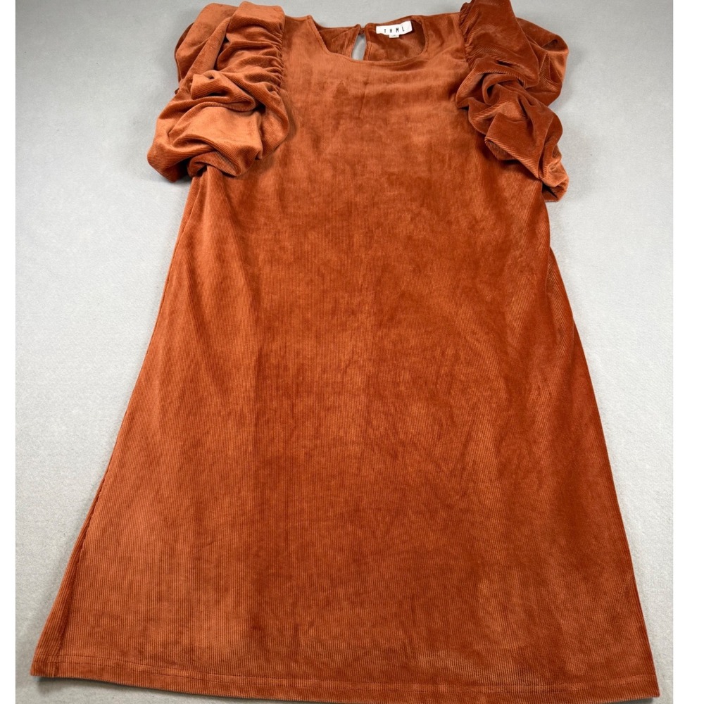 THML Rust Orange Corduroy Velvet Puff Sleeve Shift Dress Women Medium